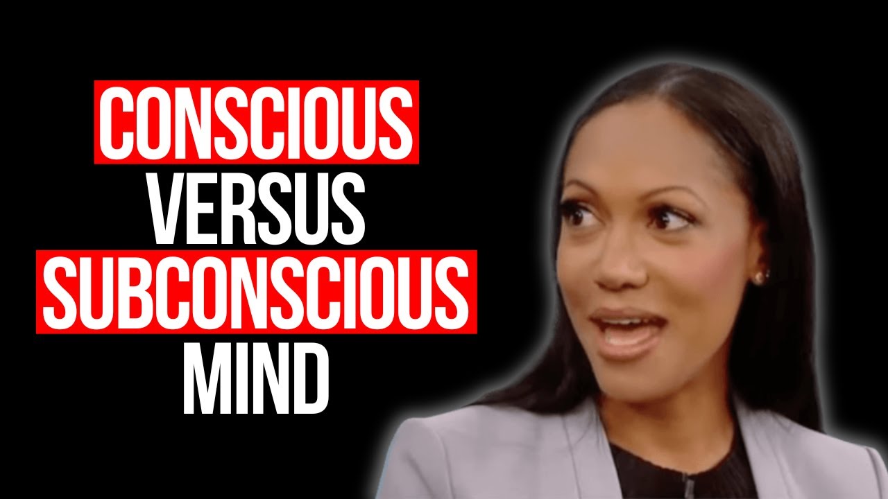 A woman speaking in a video titled "conscious versus subconscious mind", featuring bold red text over a black background.