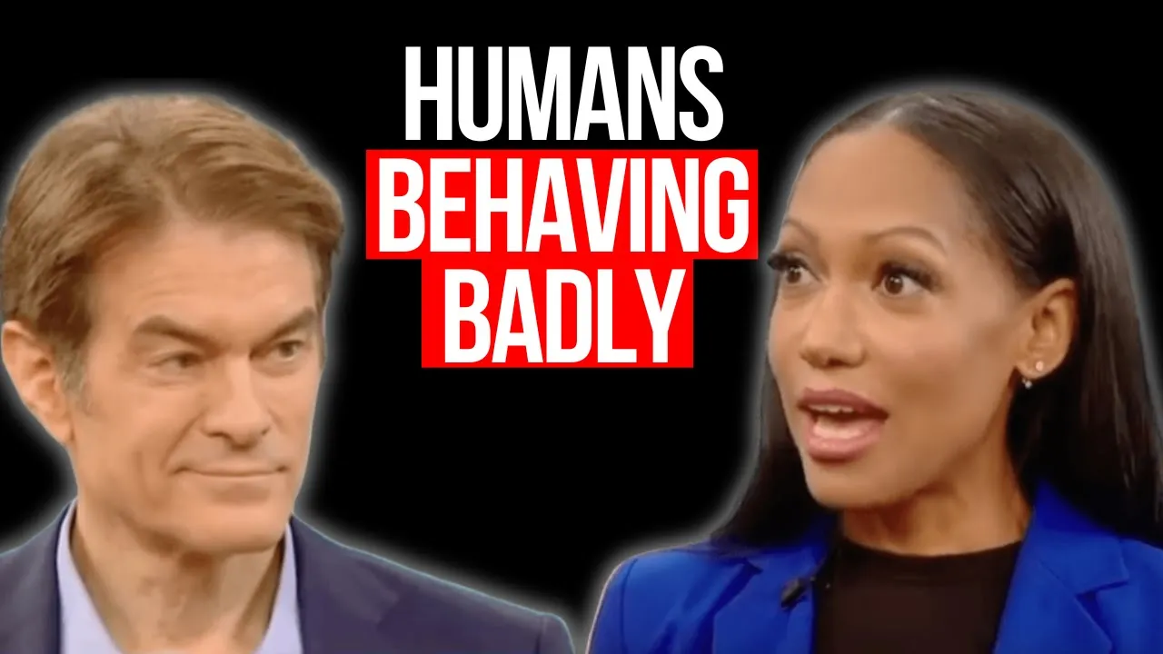 A man and a woman having a discussion with a title overlay "humans behaving badly." the woman appears to be gesturing while speaking, and the man is listening with a serious expression.